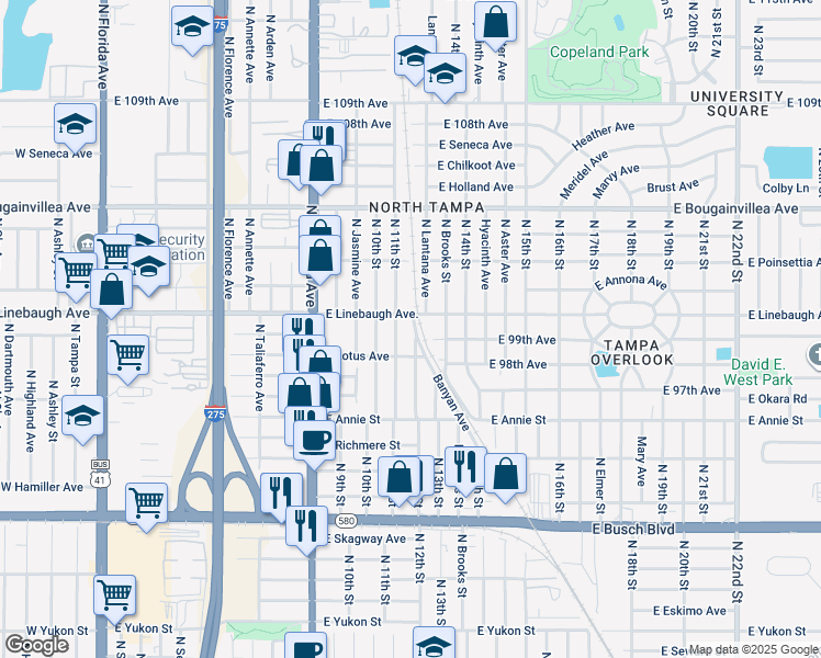 map of restaurants, bars, coffee shops, grocery stores, and more near 9820 North 12th Street in Tampa
