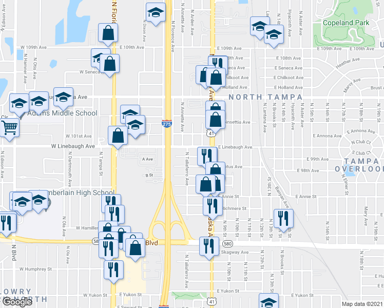 map of restaurants, bars, coffee shops, grocery stores, and more near 9902 North Taliaferro Avenue in Tampa