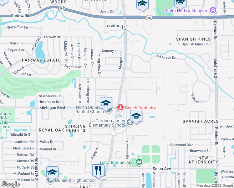 map of restaurants, bars, coffee shops, grocery stores, and more near 1541 Pleasant Grove Drive in Dunedin