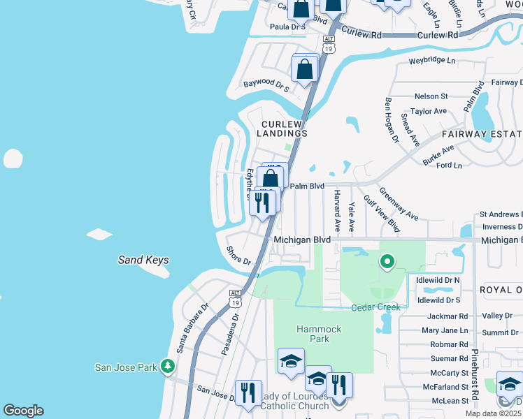 map of restaurants, bars, coffee shops, grocery stores, and more near 2137 Cedar Drive in Dunedin