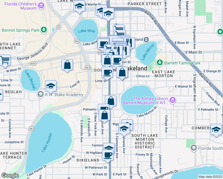 map of restaurants, bars, coffee shops, grocery stores, and more near 428 Florida Avenue South in Lakeland