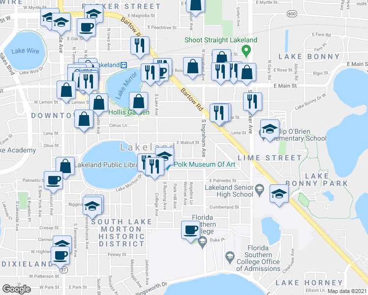 map of restaurants, bars, coffee shops, grocery stores, and more near 510 McKay Court in Lakeland
