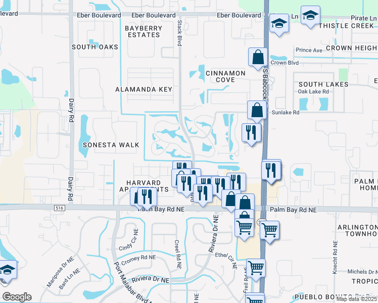 map of restaurants, bars, coffee shops, grocery stores, and more near 4780 Lake Waterford Way West in Melbourne