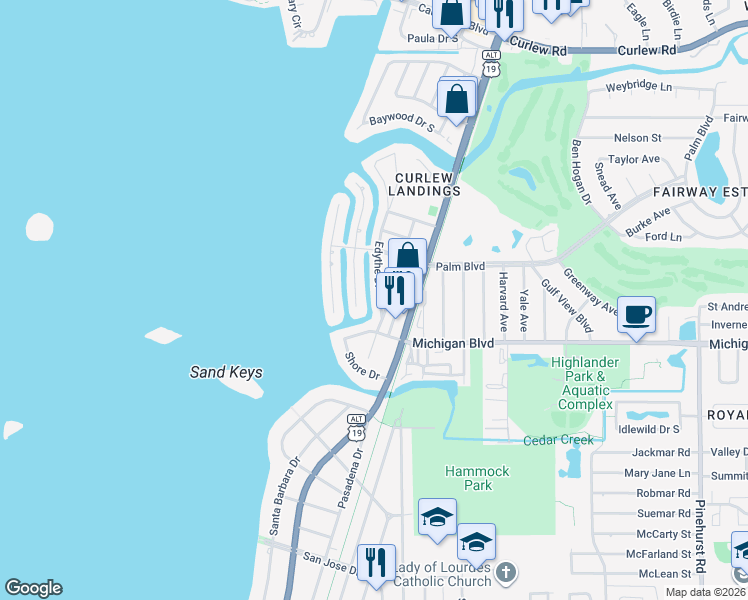 map of restaurants, bars, coffee shops, grocery stores, and more near 2137 Cedar Drive in Dunedin