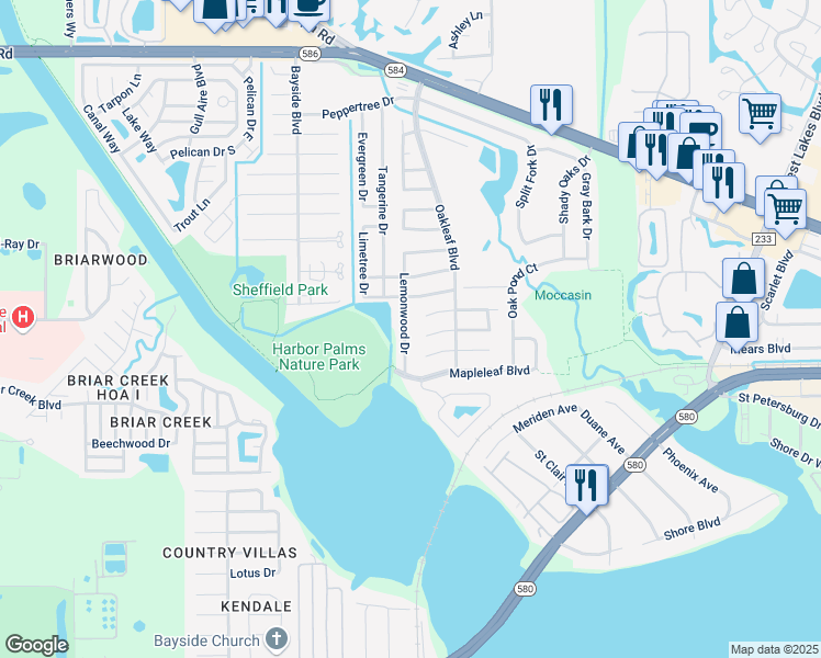 map of restaurants, bars, coffee shops, grocery stores, and more near 709 Lemonwood Drive in Oldsmar