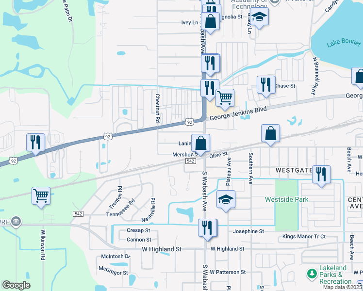 map of restaurants, bars, coffee shops, grocery stores, and more near 2202 Lanier Street in Lakeland