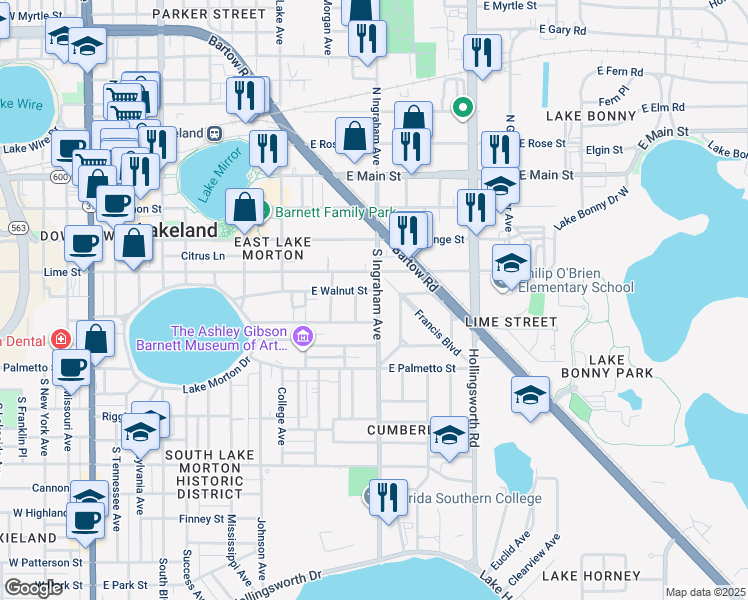 map of restaurants, bars, coffee shops, grocery stores, and more near 509 South Ingraham Avenue in Lakeland