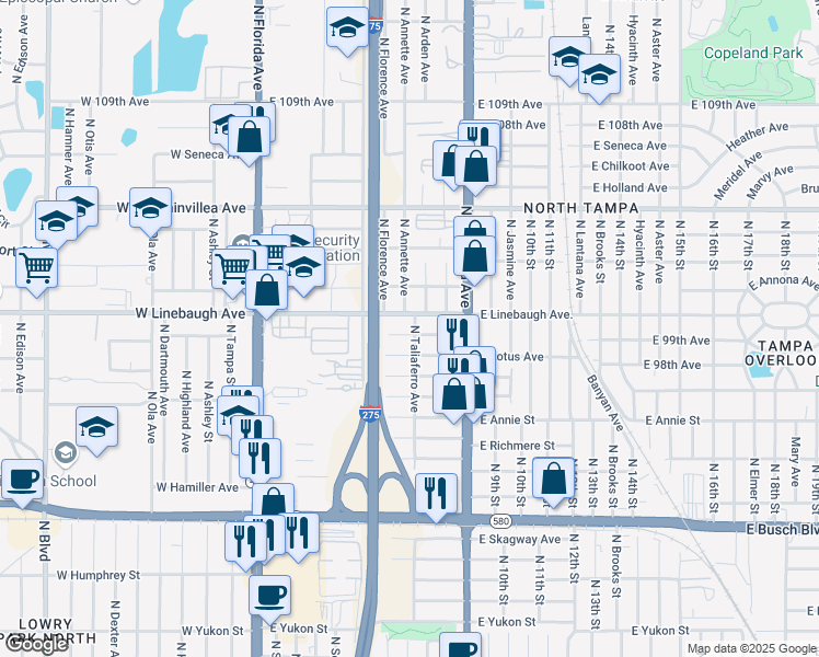 map of restaurants, bars, coffee shops, grocery stores, and more near 9902 North Taliaferro Avenue in Tampa