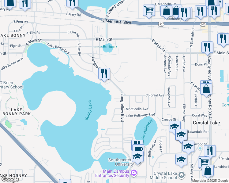 map of restaurants, bars, coffee shops, grocery stores, and more near 435 Longfellow Boulevard in Lakeland