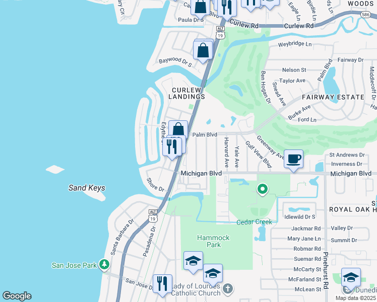 map of restaurants, bars, coffee shops, grocery stores, and more near 2029 McMullen Avenue in Dunedin