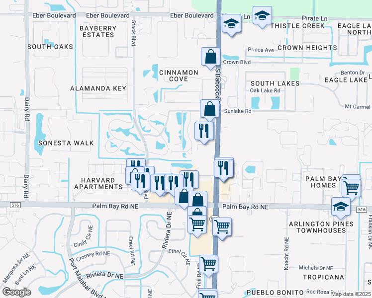 map of restaurants, bars, coffee shops, grocery stores, and more near 4690 Beck Lake Trail in Melbourne