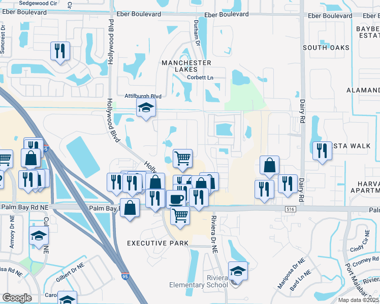 map of restaurants, bars, coffee shops, grocery stores, and more near 1055 Potenza Drive in West Melbourne