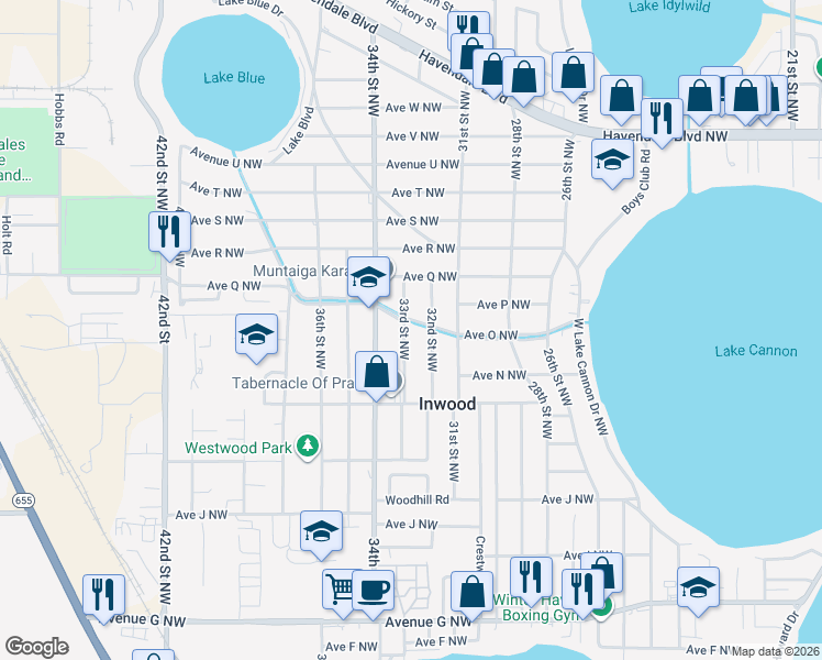 map of restaurants, bars, coffee shops, grocery stores, and more near 1498 33rd Street Northwest in Winter Haven