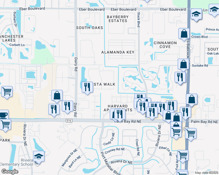 map of restaurants, bars, coffee shops, grocery stores, and more near 890 Luminary Circle in Melbourne