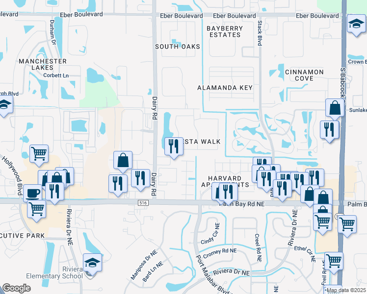 map of restaurants, bars, coffee shops, grocery stores, and more near 1075 Luminary Circle in Melbourne