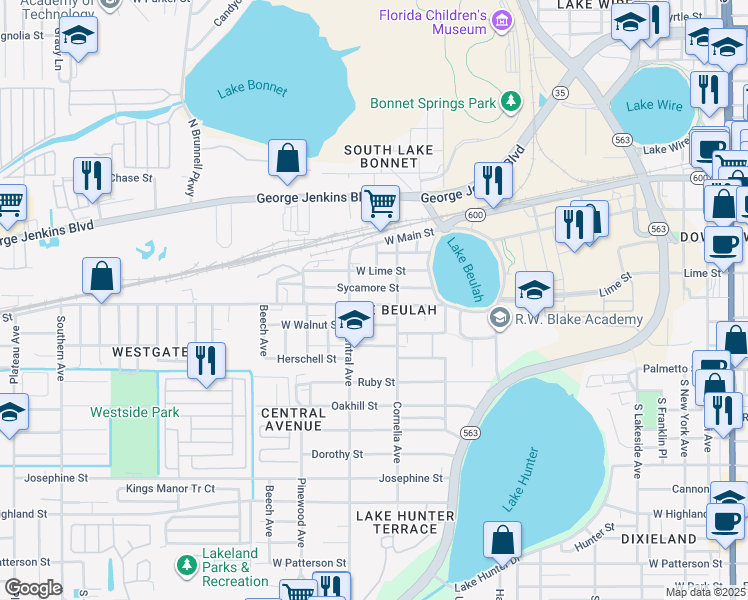 map of restaurants, bars, coffee shops, grocery stores, and more near 1117 Olive Street in Lakeland