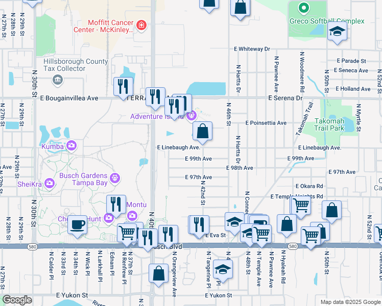 map of restaurants, bars, coffee shops, grocery stores, and more near 4121 East Linebaugh Avenue in Tampa
