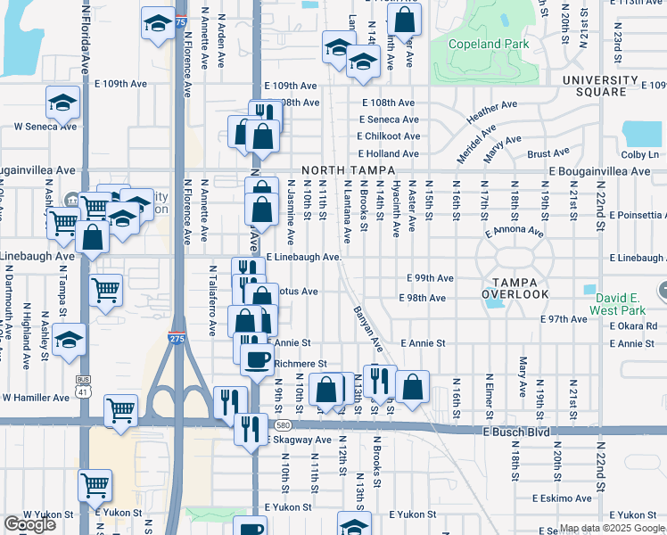 map of restaurants, bars, coffee shops, grocery stores, and more near 9820 North 12th Street in Tampa