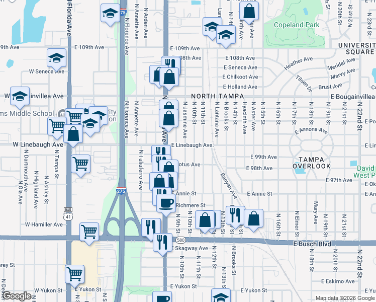 map of restaurants, bars, coffee shops, grocery stores, and more near 9814 North 10th Street in Tampa