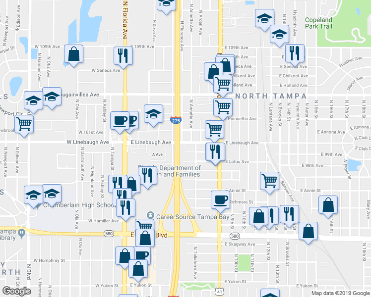 map of restaurants, bars, coffee shops, grocery stores, and more near 9902 North Taliaferro Avenue in Tampa