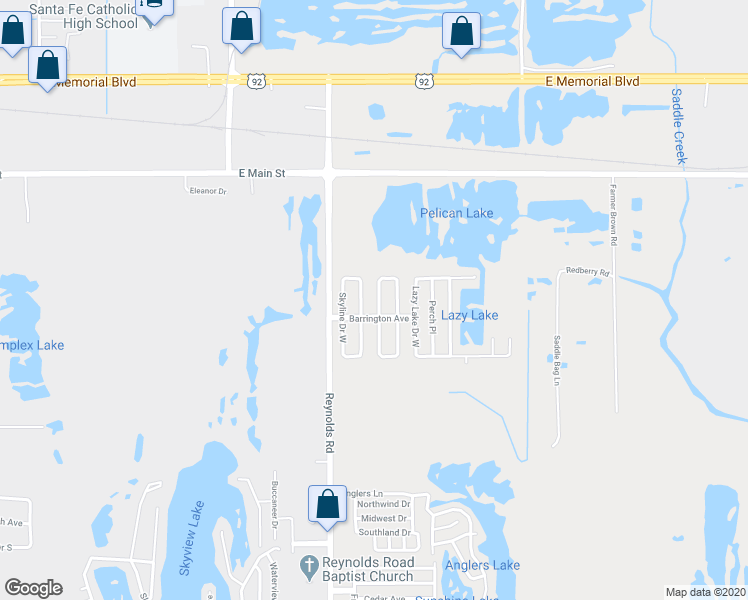 map of restaurants, bars, coffee shops, grocery stores, and more near 435 Oak Ridge West in Lakeland