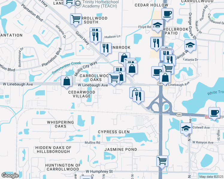 map of restaurants, bars, coffee shops, grocery stores, and more near 4144 Tartan Place in Tampa