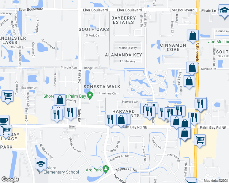 map of restaurants, bars, coffee shops, grocery stores, and more near 975 Luminary Circle in Melbourne
