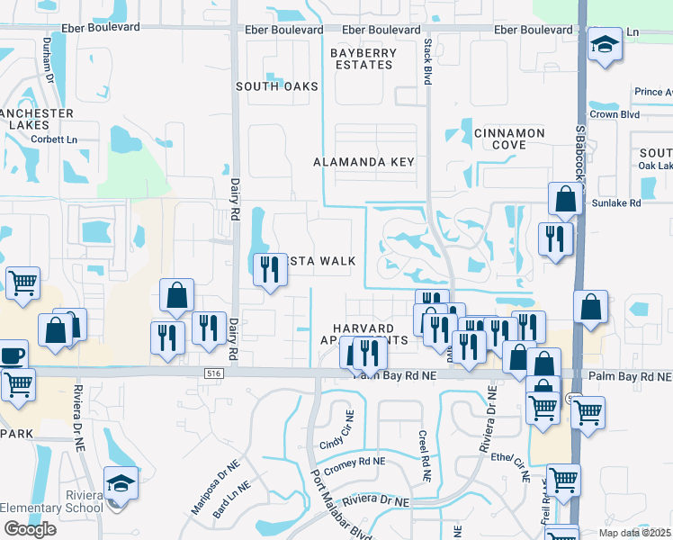 map of restaurants, bars, coffee shops, grocery stores, and more near 995 Luminary Circle in Melbourne