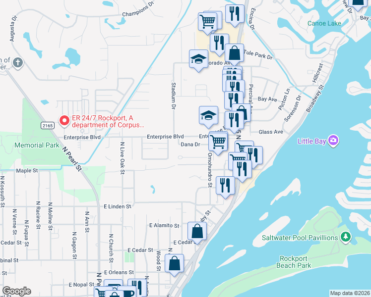 map of restaurants, bars, coffee shops, grocery stores, and more near 1411 Dana Drive in Rockport