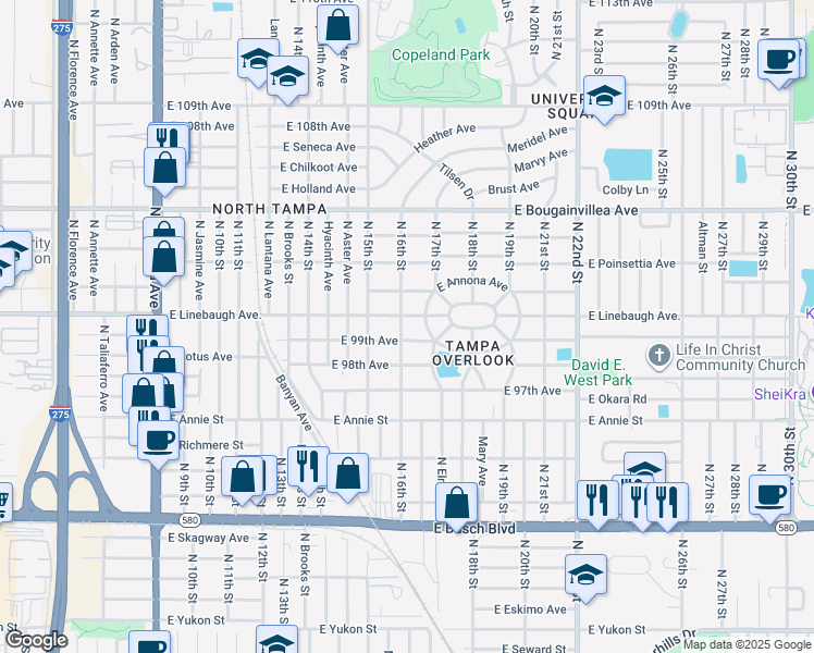 map of restaurants, bars, coffee shops, grocery stores, and more near 9907 North 16th Street in Tampa