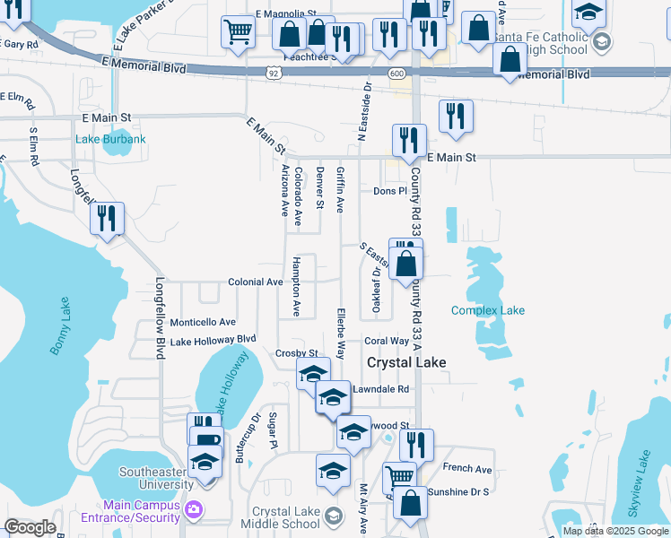 map of restaurants, bars, coffee shops, grocery stores, and more near 425 Ellerbe Way in Lakeland