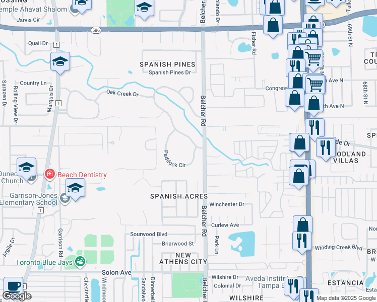 map of restaurants, bars, coffee shops, grocery stores, and more near 2182 Paddock Circle in Dunedin