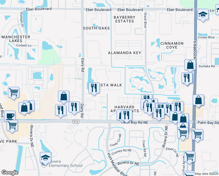 map of restaurants, bars, coffee shops, grocery stores, and more near 995 Luminary Circle in Melbourne