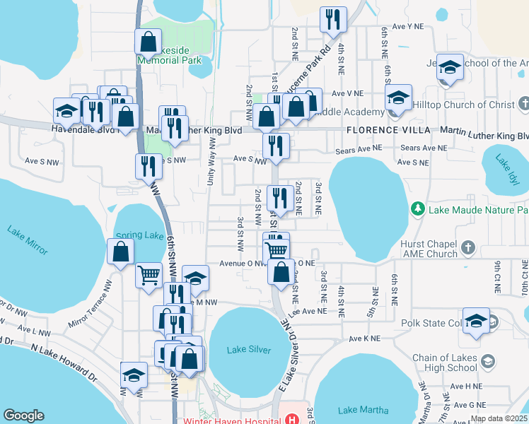 map of restaurants, bars, coffee shops, grocery stores, and more near 1708 2nd Street Northeast in Winter Haven