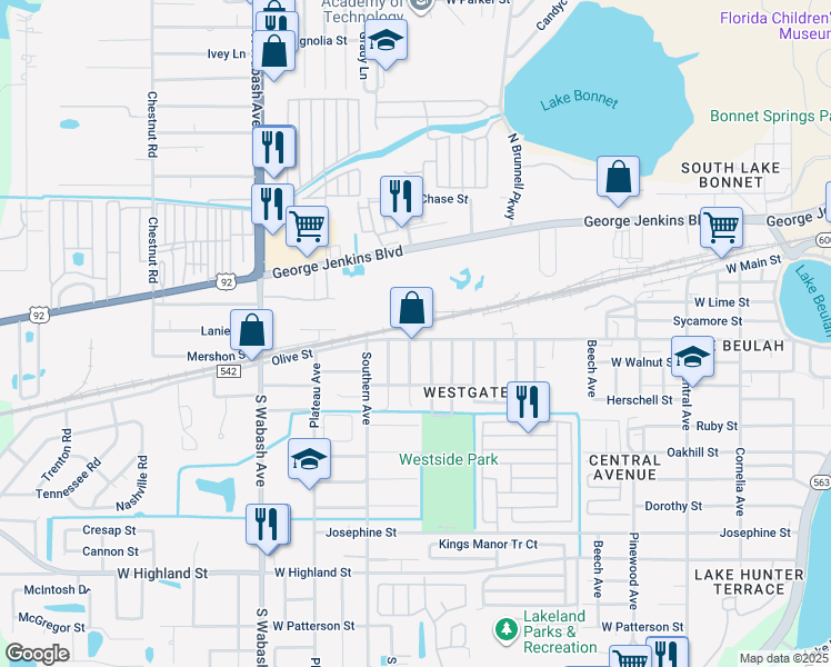 map of restaurants, bars, coffee shops, grocery stores, and more near 1817 Olive Street in Lakeland