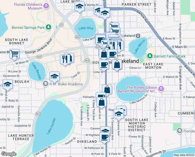 map of restaurants, bars, coffee shops, grocery stores, and more near Olive Street in Lakeland