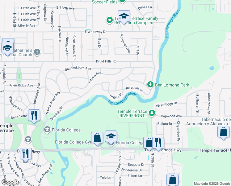 map of restaurants, bars, coffee shops, grocery stores, and more near 1115 Riverhills Drive in Tampa