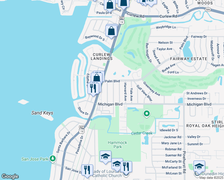 map of restaurants, bars, coffee shops, grocery stores, and more near 2036 Jefferson Avenue in Dunedin