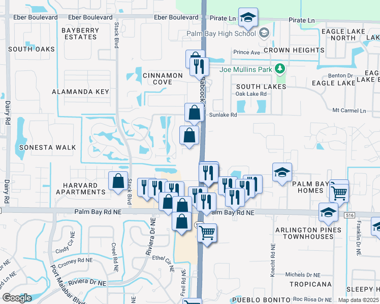 map of restaurants, bars, coffee shops, grocery stores, and more near 4570 Babcock Street Northeast in Palm Bay