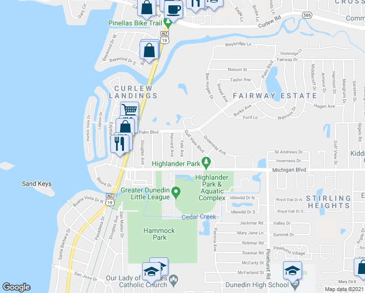 map of restaurants, bars, coffee shops, grocery stores, and more near 2032 Yale Avenue in Dunedin