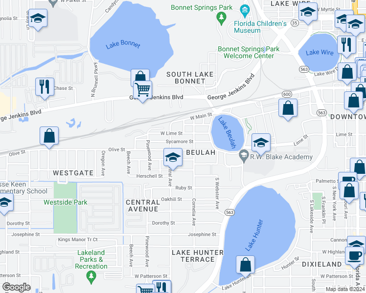 map of restaurants, bars, coffee shops, grocery stores, and more near 1123 Olive Street in Lakeland