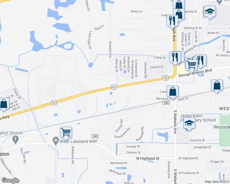 map of restaurants, bars, coffee shops, grocery stores, and more near 120 Twin Lakes Circle in Lakeland