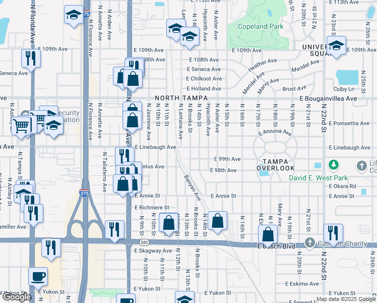 map of restaurants, bars, coffee shops, grocery stores, and more near 1209 East Linebaugh Avenue in Tampa
