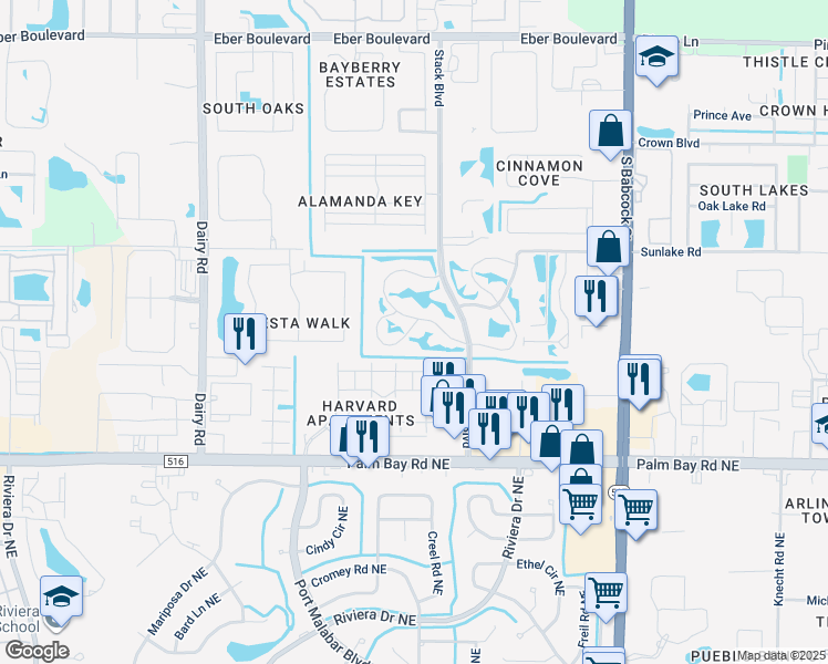 map of restaurants, bars, coffee shops, grocery stores, and more near 72 Park Lake Drive in Melbourne