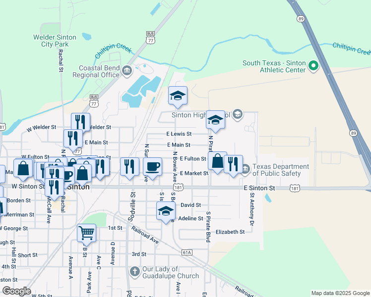 map of restaurants, bars, coffee shops, grocery stores, and more near 916 East Main Street in Sinton