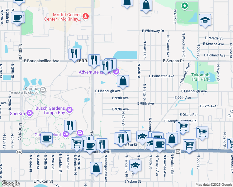 map of restaurants, bars, coffee shops, grocery stores, and more near 4121 East Linebaugh Avenue in Tampa