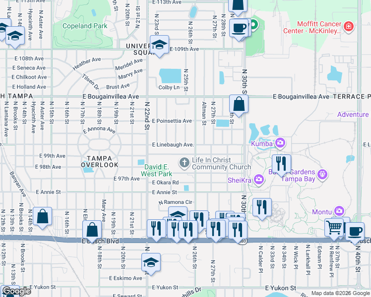 map of restaurants, bars, coffee shops, grocery stores, and more near 9904 North 26th Street in Tampa