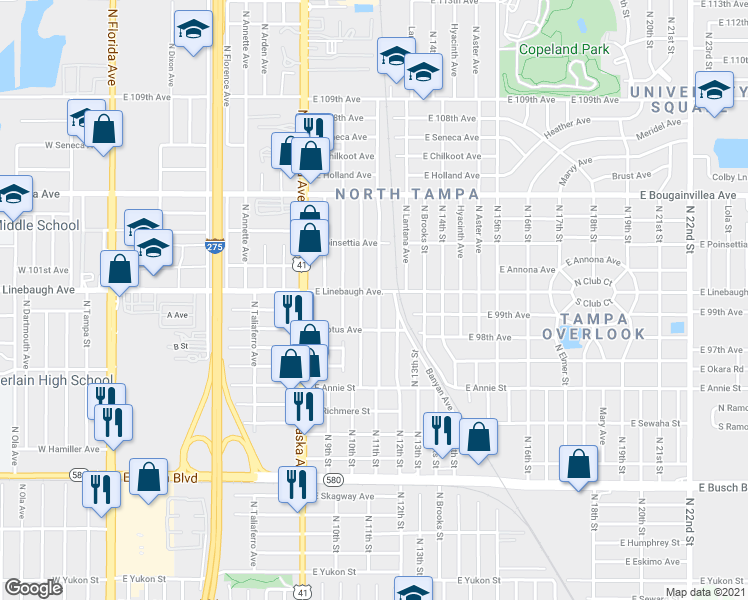 map of restaurants, bars, coffee shops, grocery stores, and more near 9820 North 12th Street in Tampa