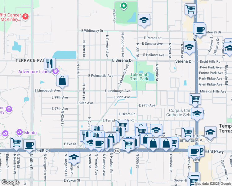 map of restaurants, bars, coffee shops, grocery stores, and more near 4817 East Linebaugh Avenue in Tampa