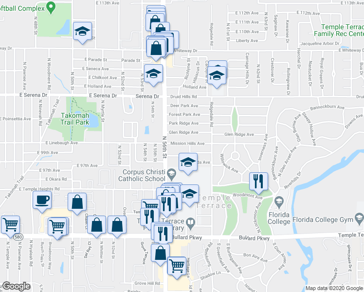 map of restaurants, bars, coffee shops, grocery stores, and more near 111 Mission Hills Avenue in Tampa
